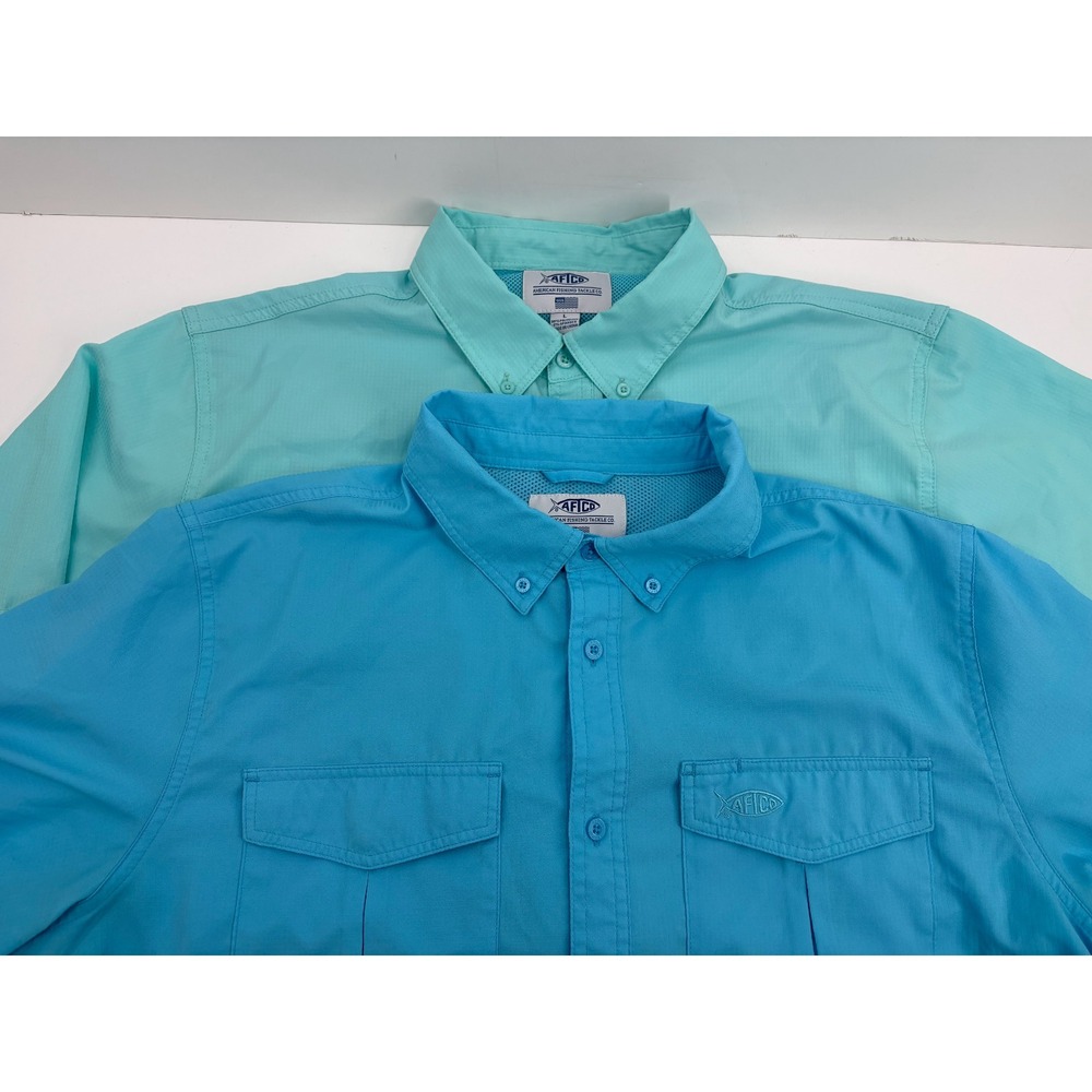 (2) LOT Aftco Men's Aftec Short Sleeve Button Down Fishing Vented Blue Aqua, L